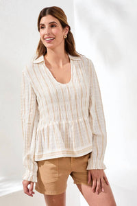 Tribal - Crinkled U‑neck Long Sleeve Smocked Blouse