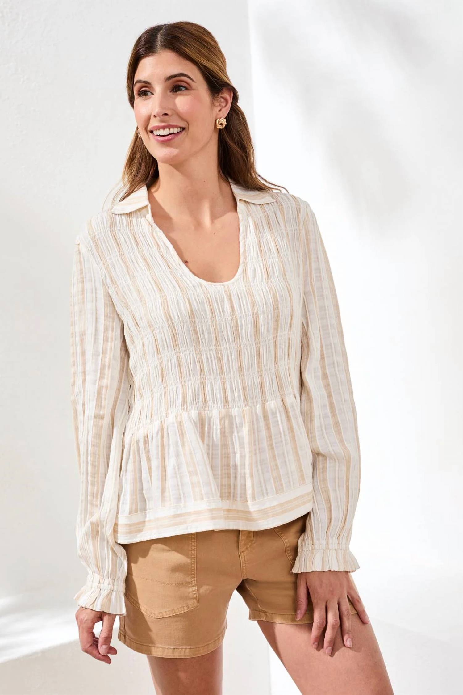 Tribal - Crinkled U‑neck Long Sleeve Smocked Blouse