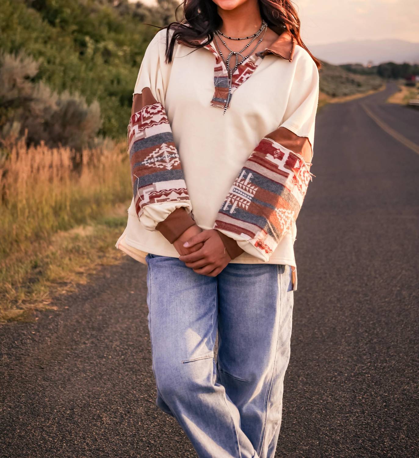 Bibi - French Terry Knit And Aztec Print Mixed Top
