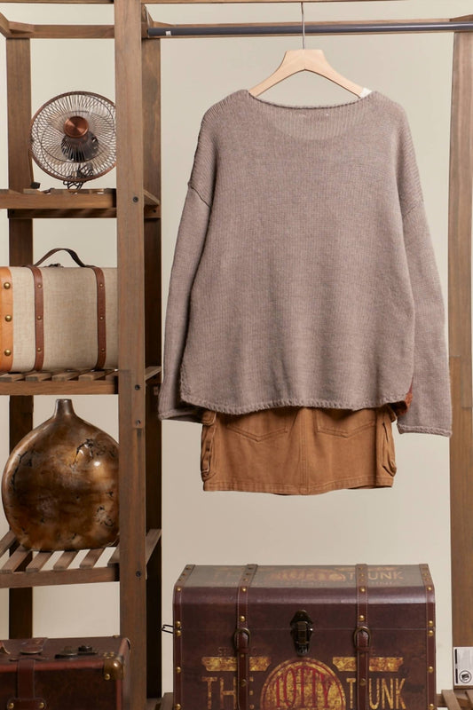 Mello - Women's Raw Hem Obstract Print Boat Neck Knit Sweater