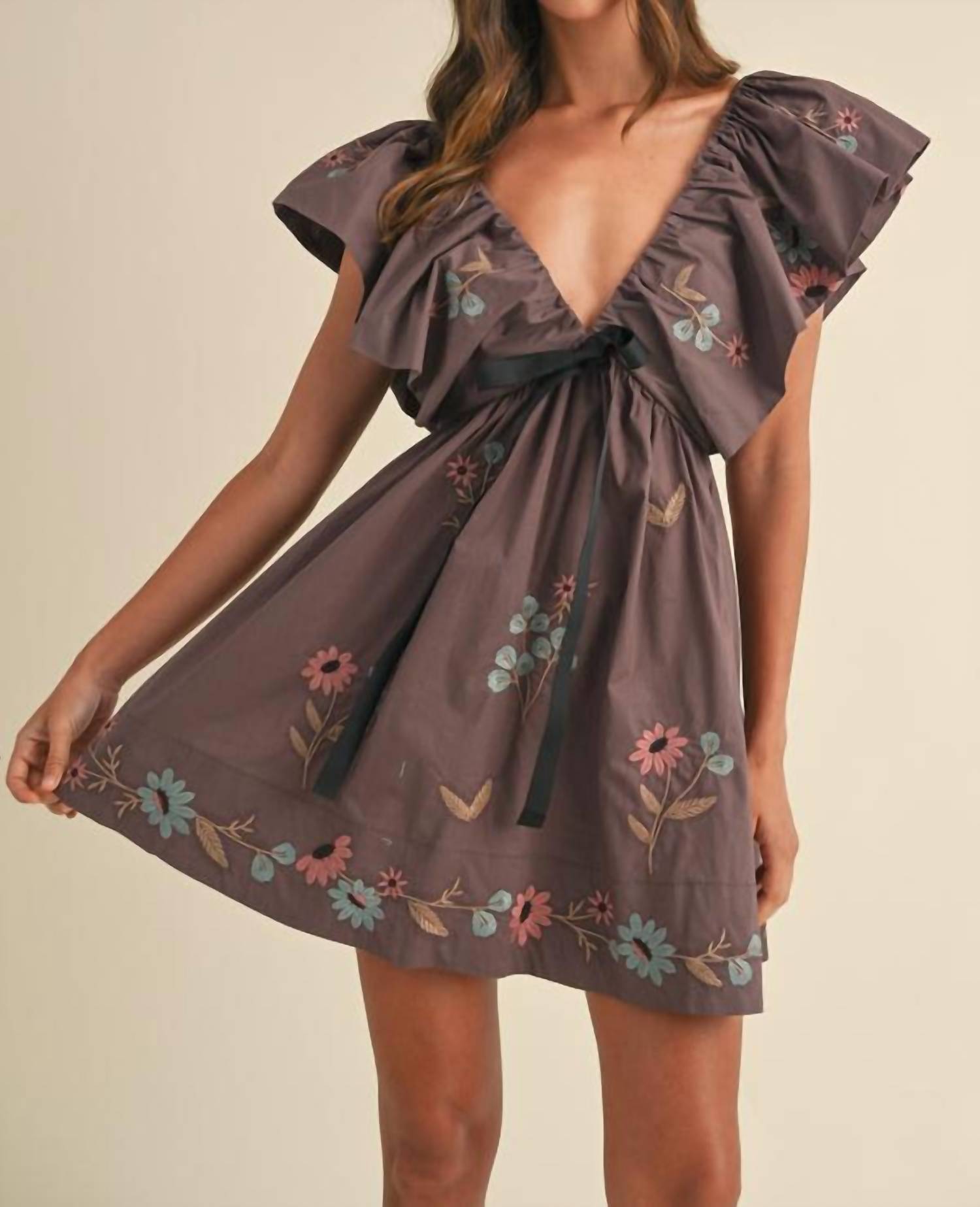 Mable - Galatea Bow Ruffle Sleeve Babydoll Mini Dress