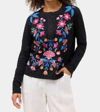 Johnny Was MIXED MEDIA HENLEY T-SHIRT in black - women's long sleeve top
