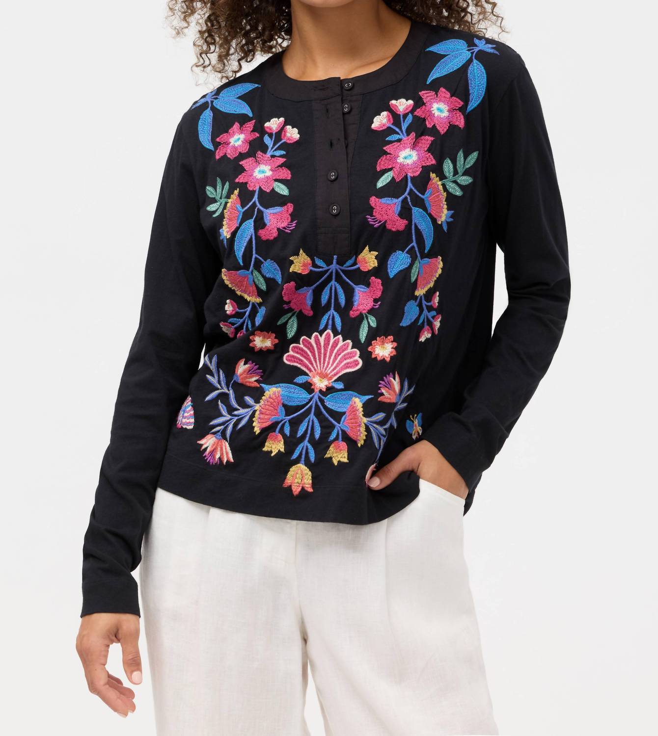 Johnny Was MIXED MEDIA HENLEY T-SHIRT in black - women's long sleeve top