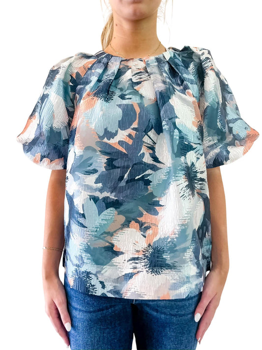 Jade - Floral Monet Pleated Puff Sleeve Top