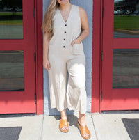 MIOU MUSE Laid-Back Linen Button Down Jumpsuit in beige - women's pants