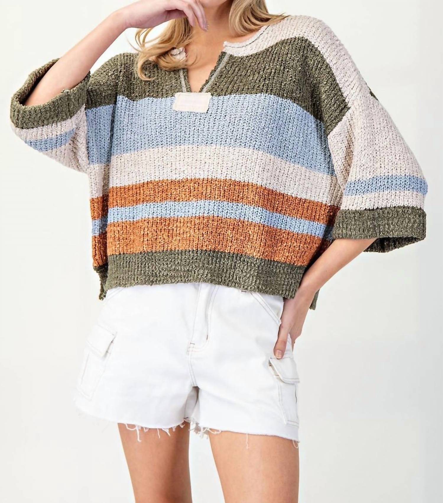 Ee:Some - Striped Notched Collar Top
