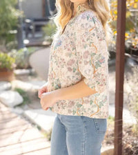 Voy - Women's Floral Eyelet Half Puff Sleeve Top