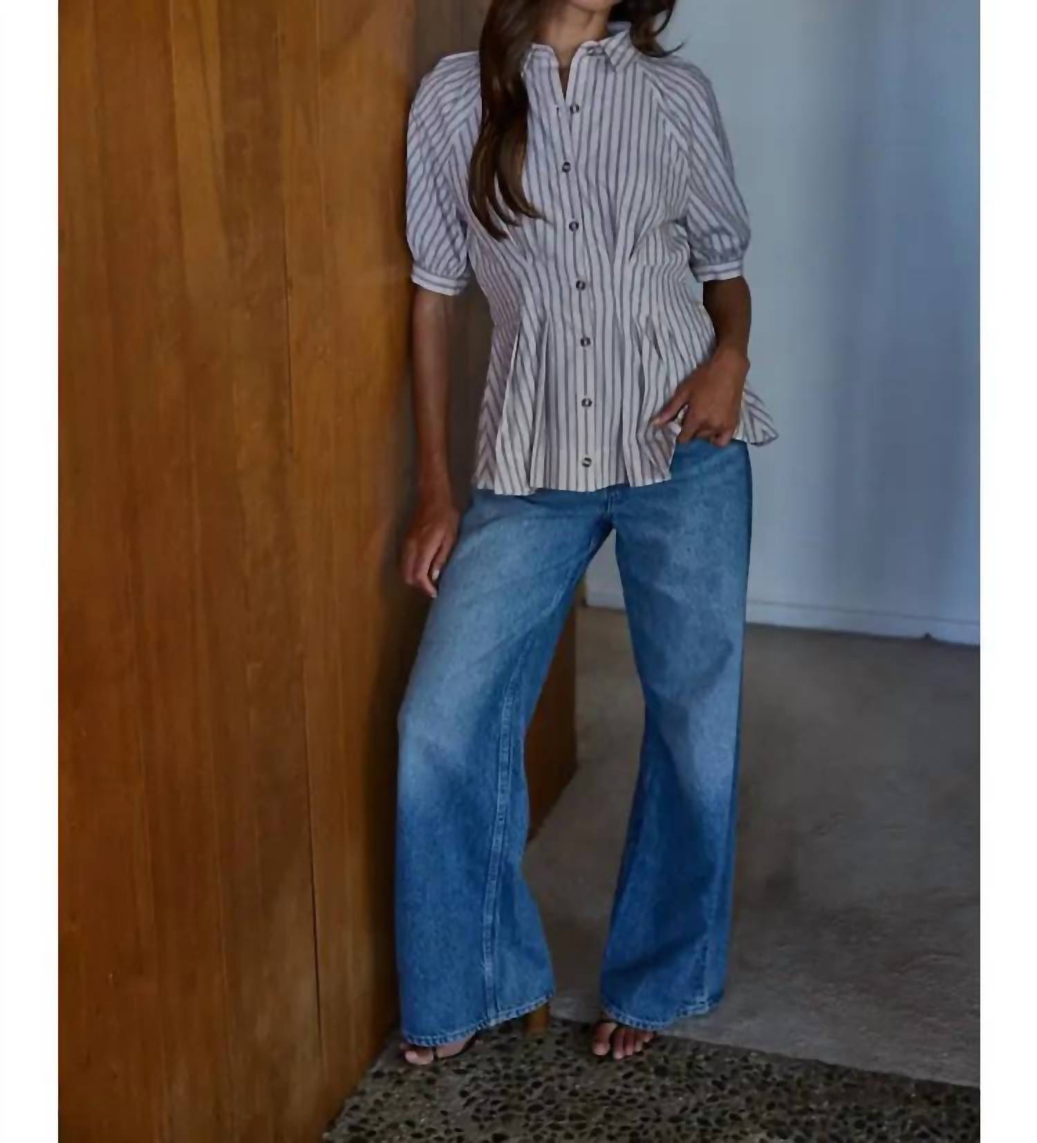 By Together - Striped Cinched Waist Blouse