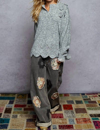 POL Scallop Hem Rose Appliqué Oversize Sweater in heather grey - women's sweater - view 5