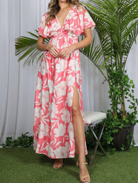 Vine & Love - Floral Flutter Sleeve Slit Detail Maxi Dress