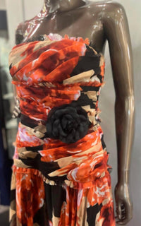 Js Collections - Women's Strapless Chiffon Floral Printed Long Dress