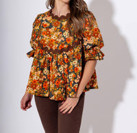 Ivy Jane Autumn Bloom Peplum Top in orange - women's blouse - detail view