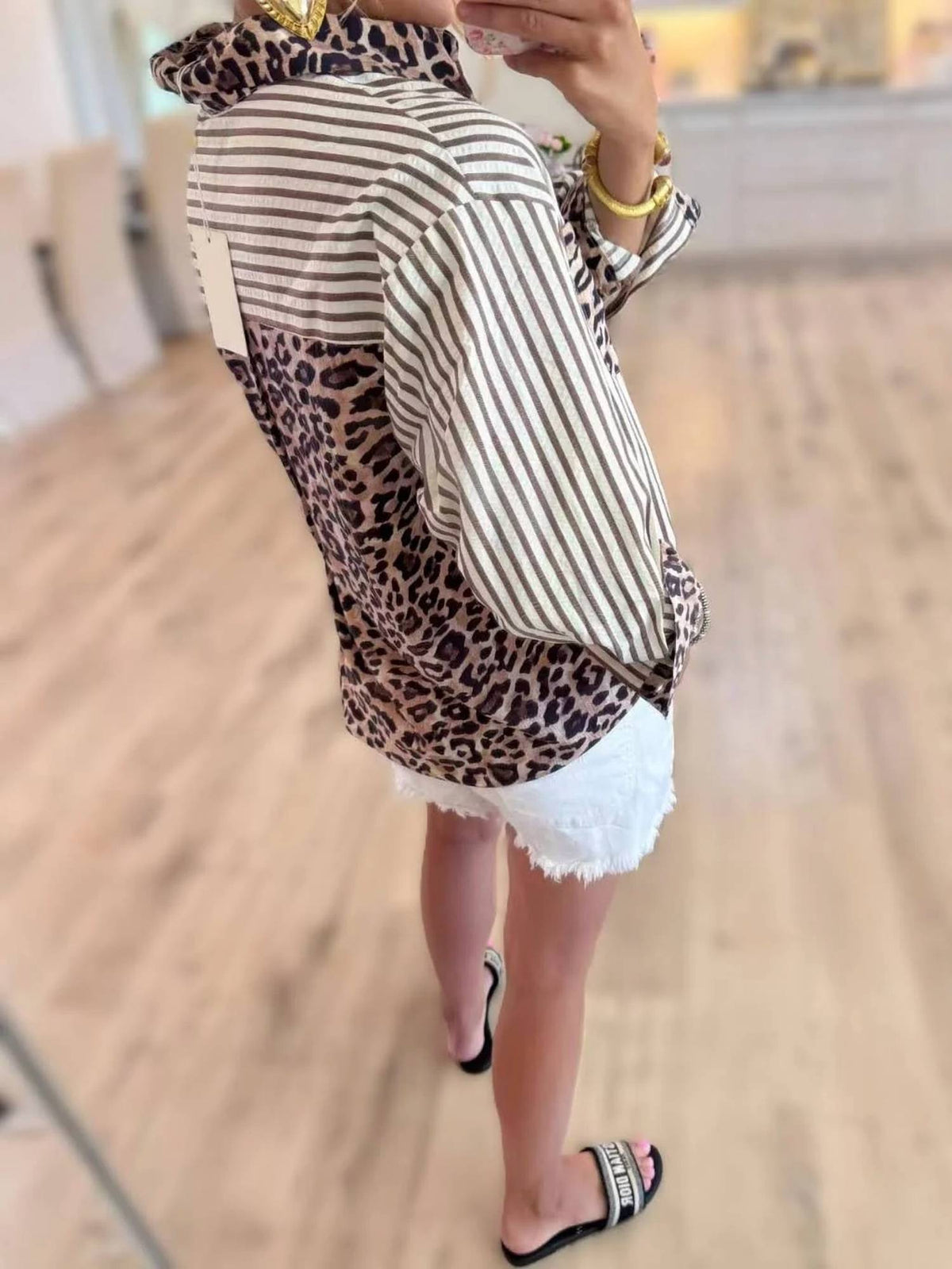 Lily Clothing - Chic Style Leopard & Striped Patchwork Shirt
