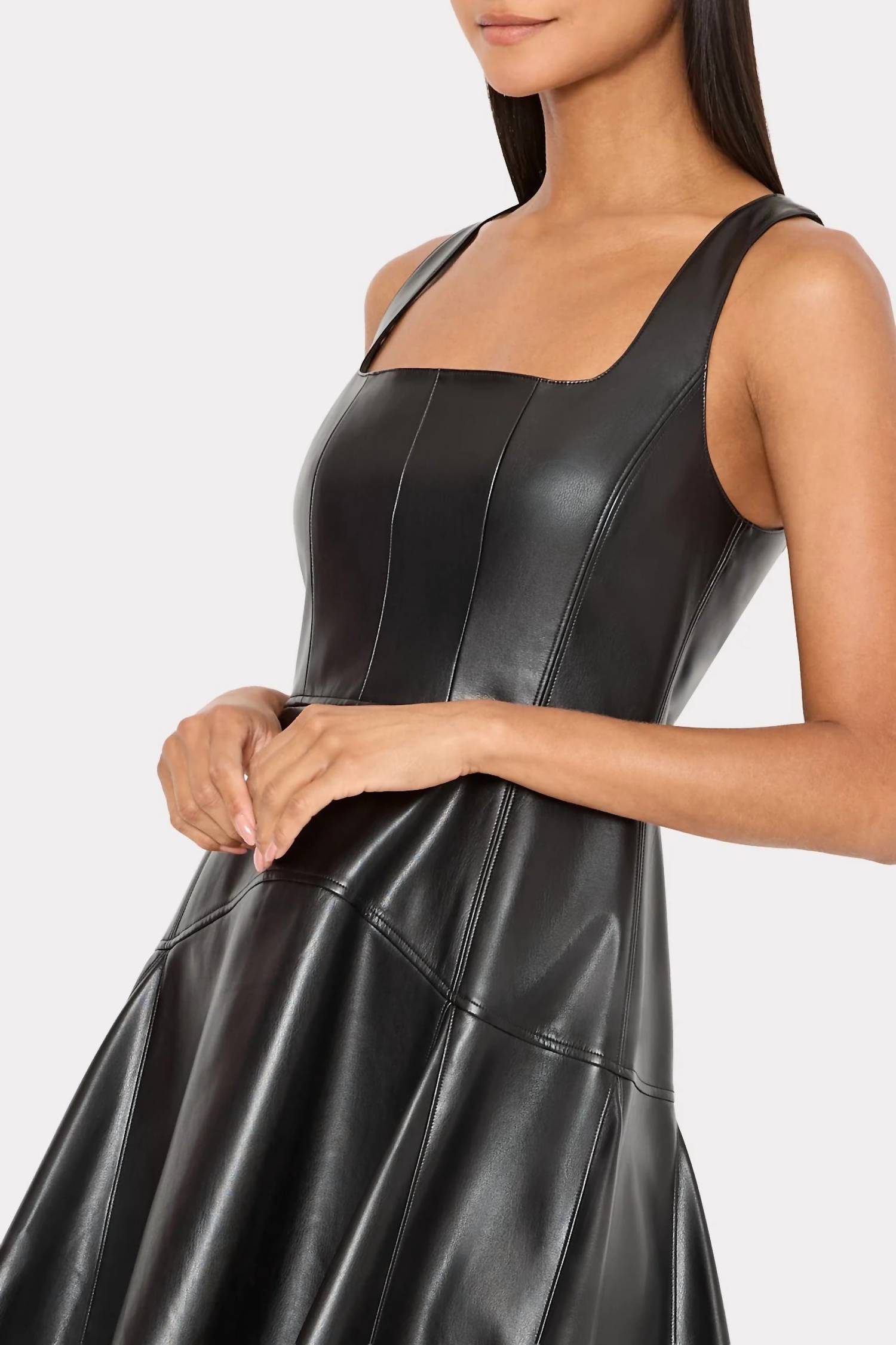 MILLY Faux Leather Mini Dress in black - women's dress - detail view