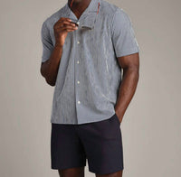 RHONE Commuter Seersucker Camp Collar Shirt in navy stripe - men's t-shirt