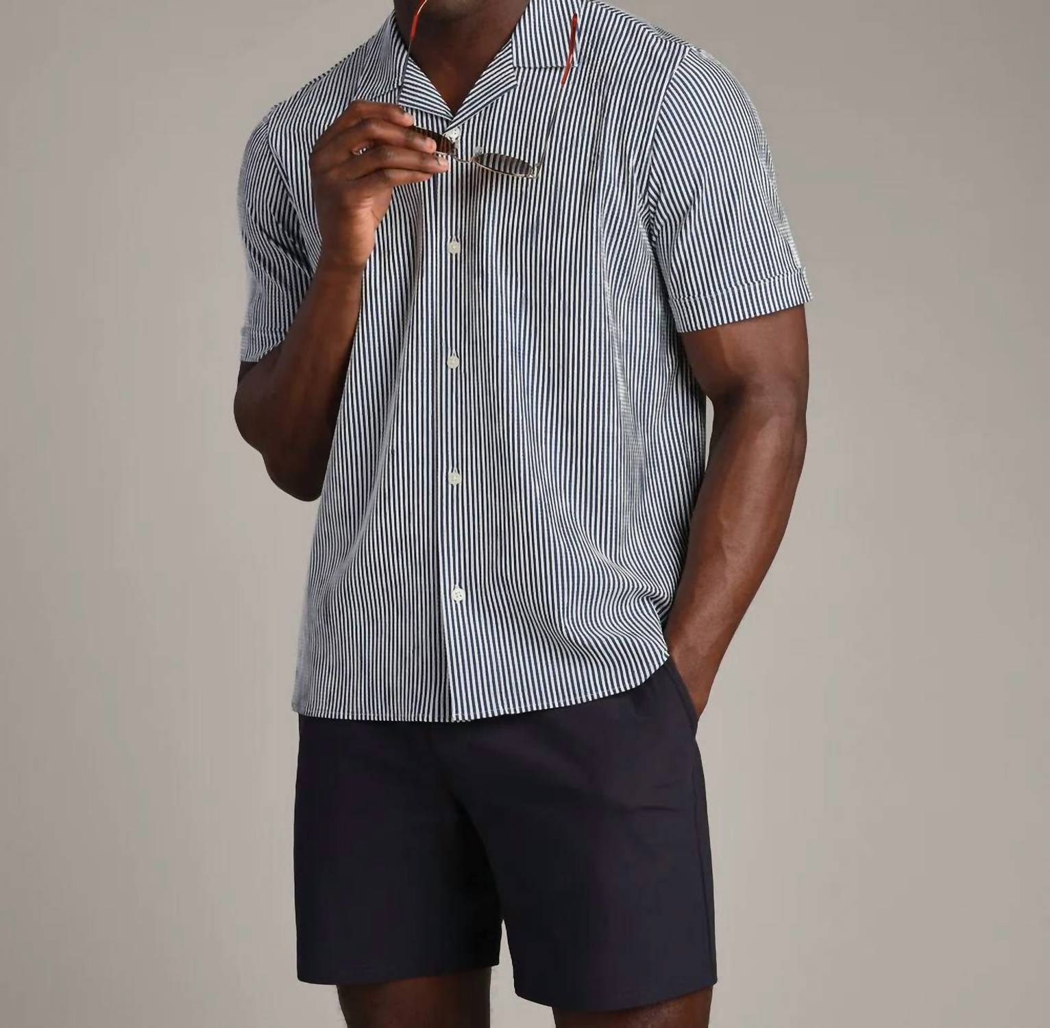 RHONE Commuter Seersucker Camp Collar Shirt in navy stripe - men's t-shirt