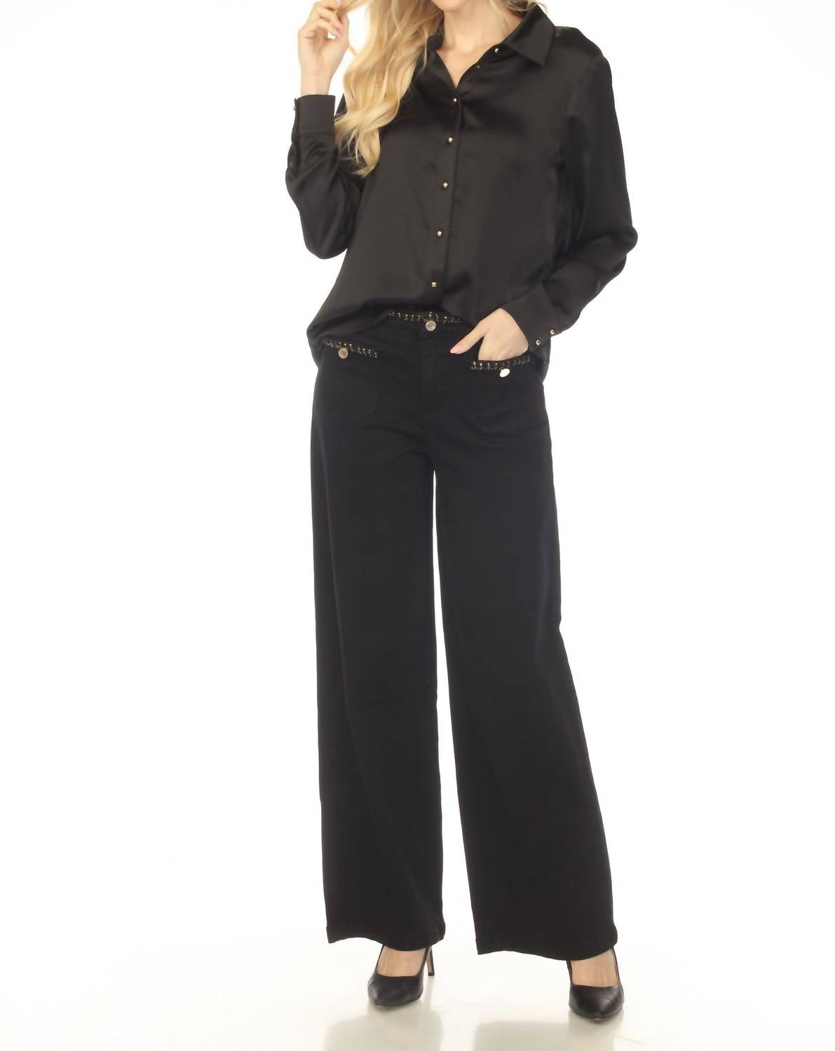Joseph Ribkoff - Rhinestone Cowl Back Satin Blouse