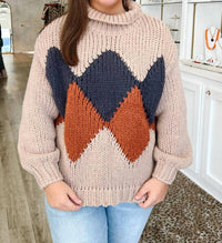 AnnieWear Argyle Pattern Turtleneck Yarn Sweater in beige - women's sweater