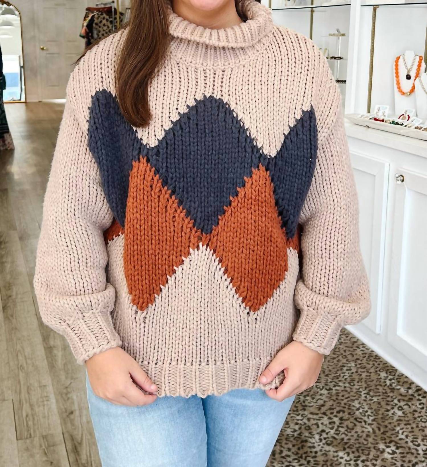 AnnieWear Argyle Pattern Turtleneck Yarn Sweater in beige - women's sweater