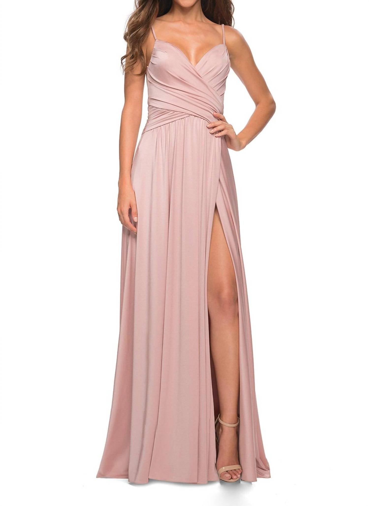 La Femme Jersey V-neck Open Back Slit Dress in mauve - women's dress