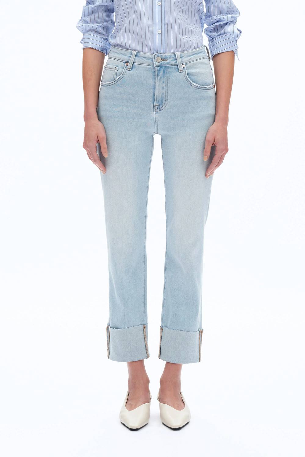 Bayeas - High Rise Straight Leg Jeans With Rolled Hem