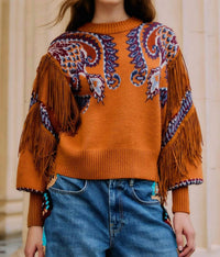 Farm Rio - Arabesque Scarf Fringe Knit Sweater