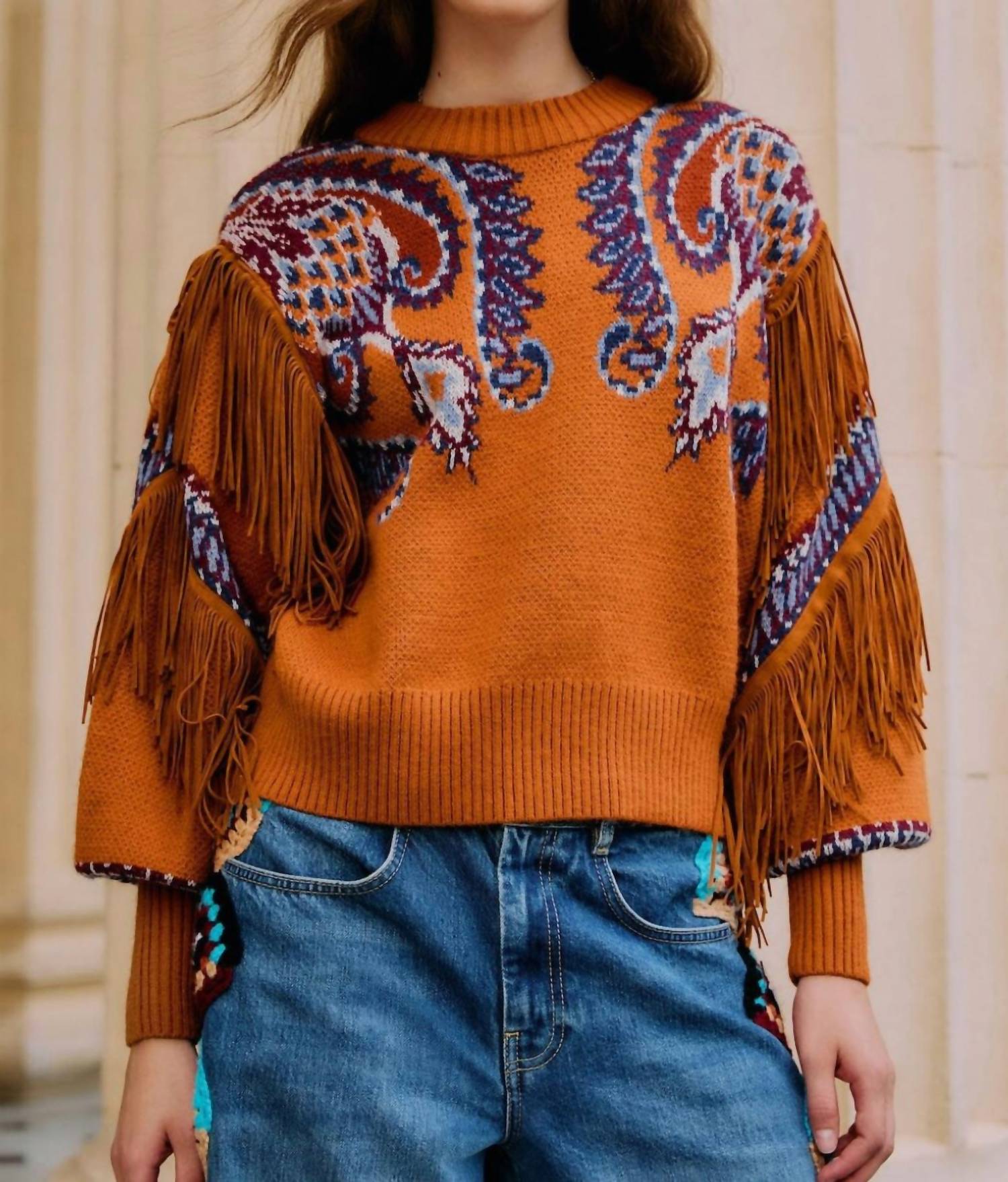 Farm Rio - Arabesque Scarf Fringe Knit Sweater