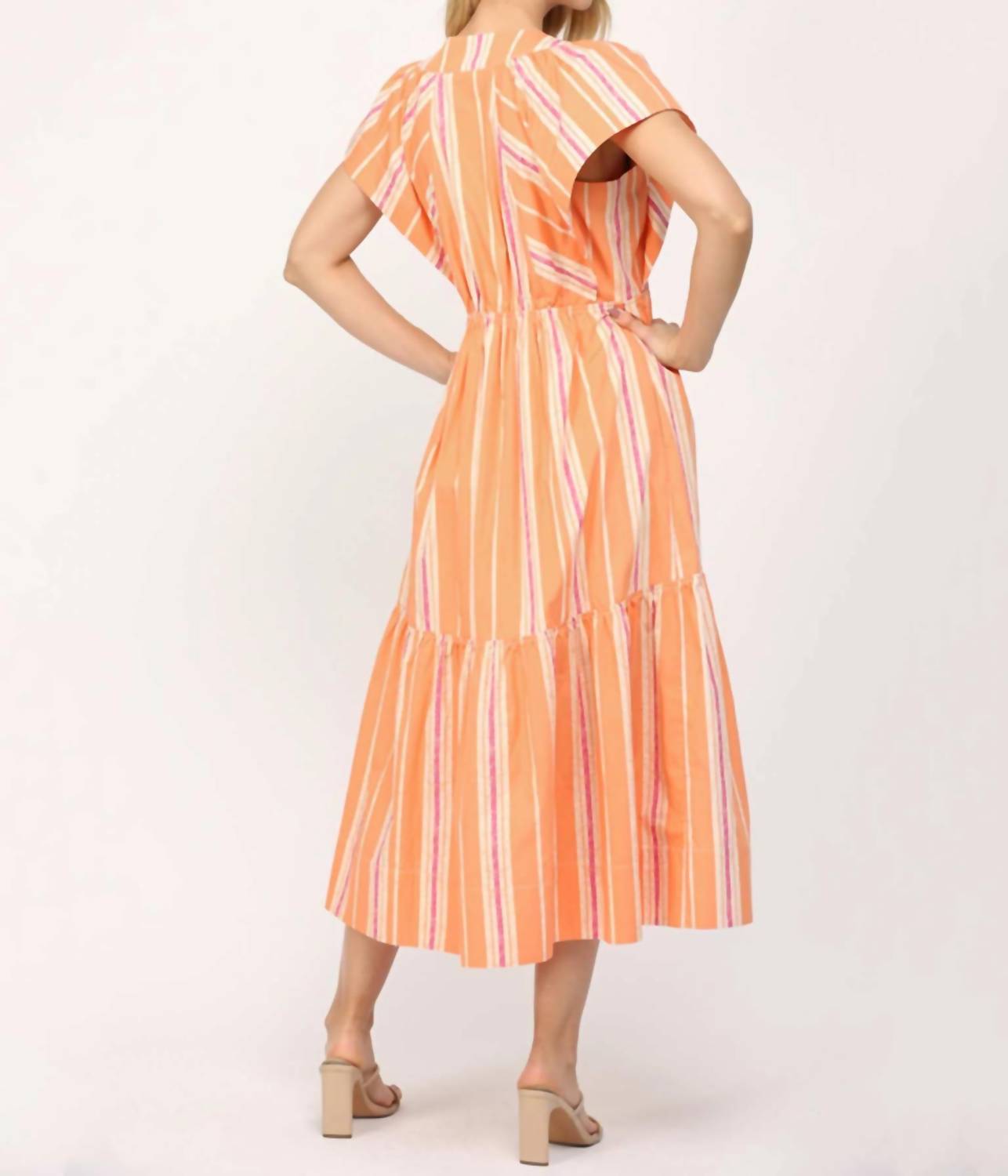 Fate - Stripe V-Neck Midi Dress with Swirl Button