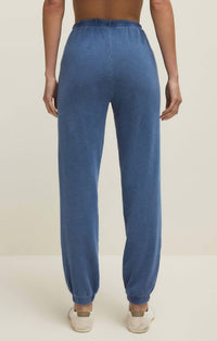 Z Supply Downtown Knit Denim Jogger Pants in calypso blue indigo - women's pants - detail view