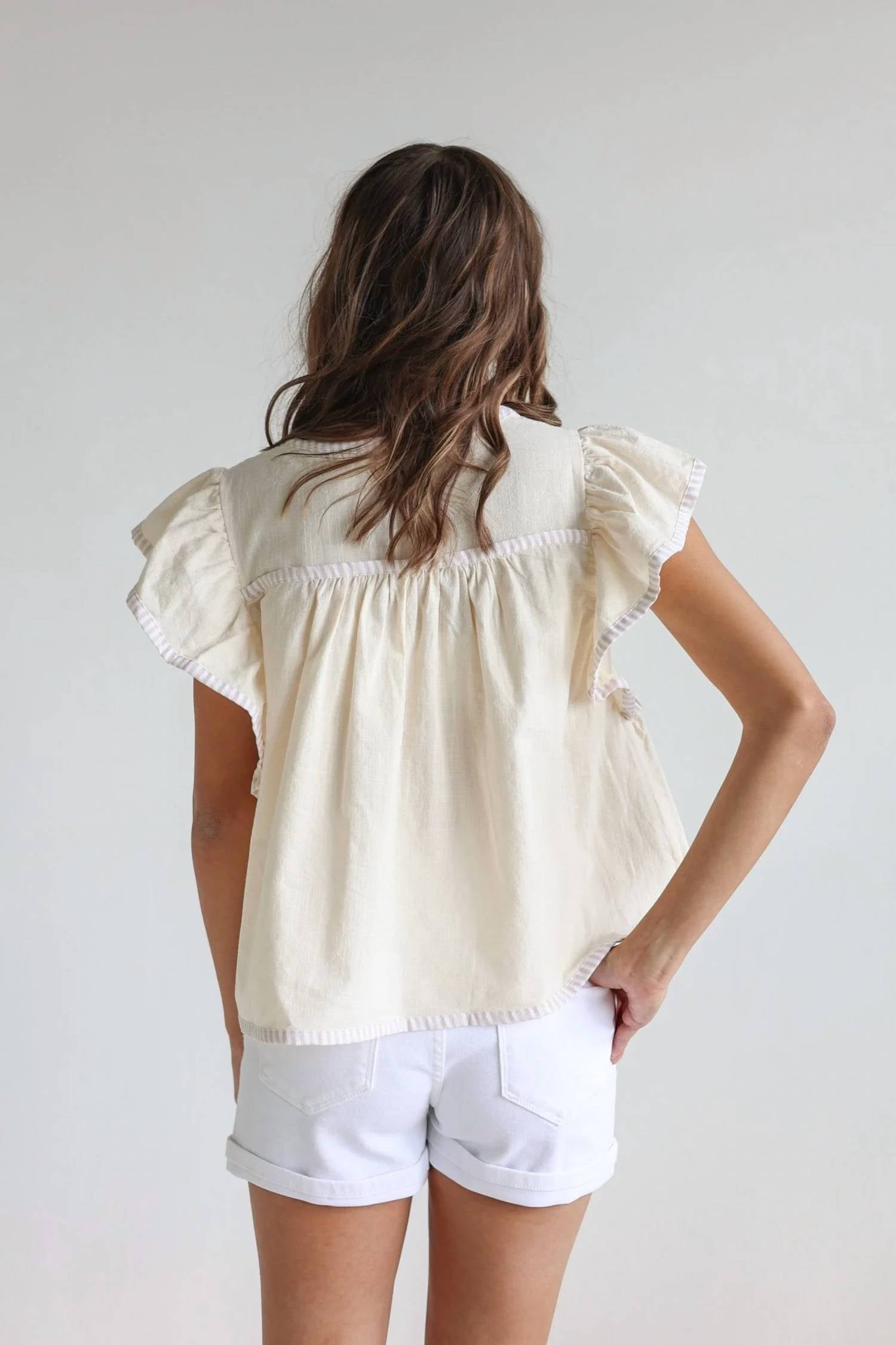 In February - Lucia Flutter Sleeve Blouse With Contrast Trim