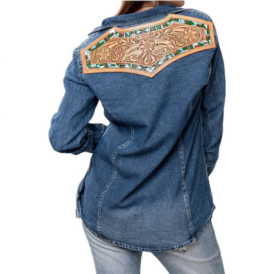 American Darling - Leather Hand Tooled Carved Women Denim Shirt Jacket