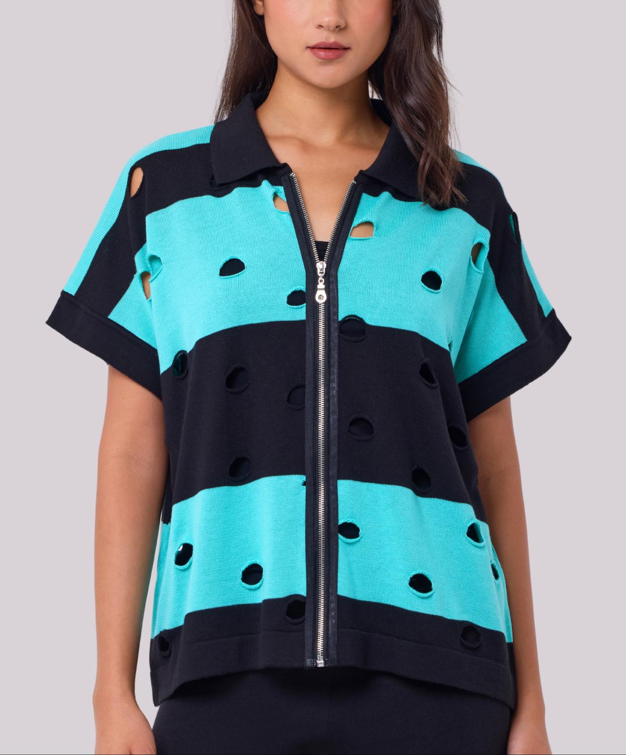 Angel Apparel - Stripe & Cut Out Knit Zip Up Top