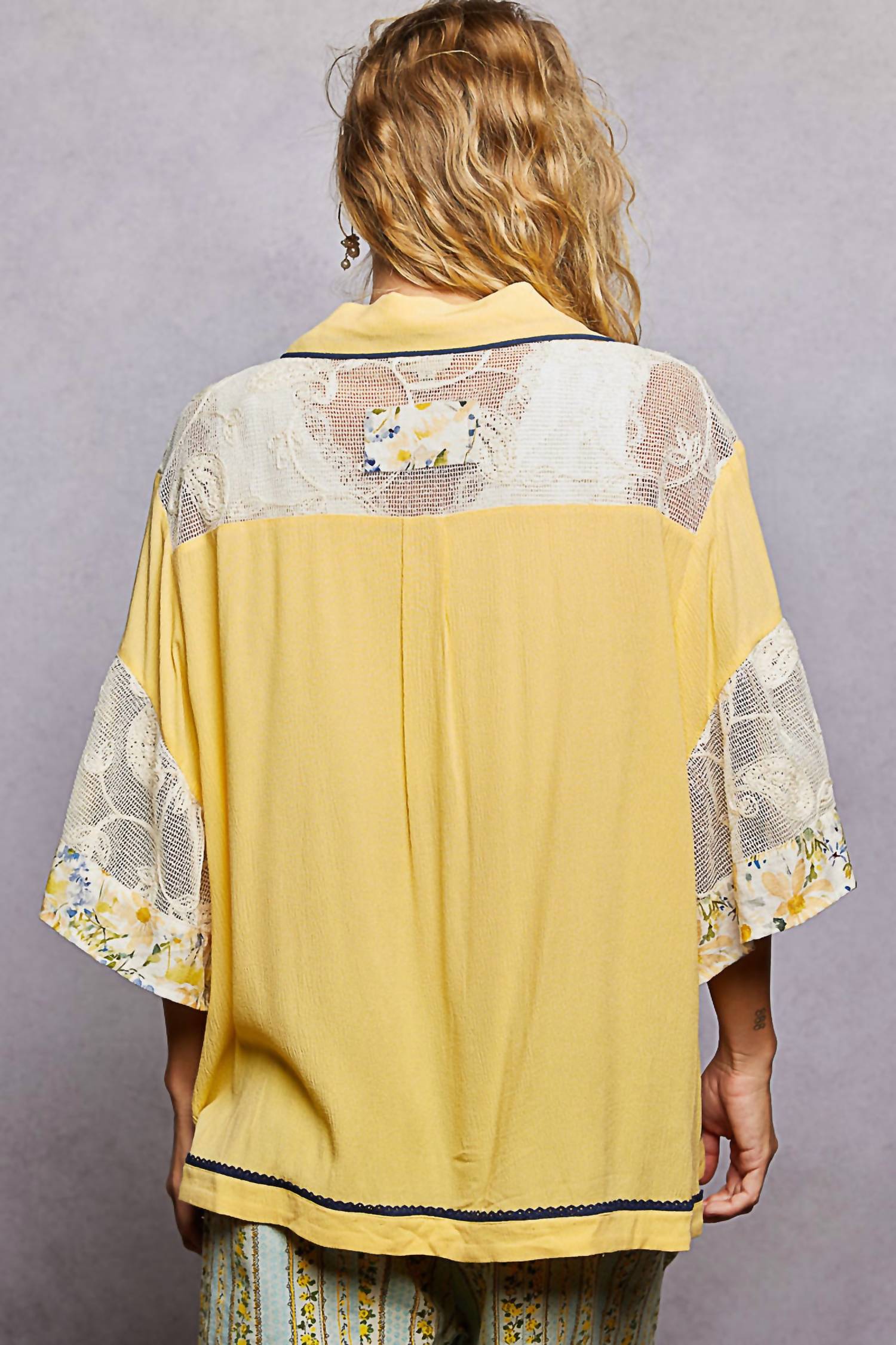 POL Oversized Floral Button Up Top in lemon multi - women's blouse - detail view