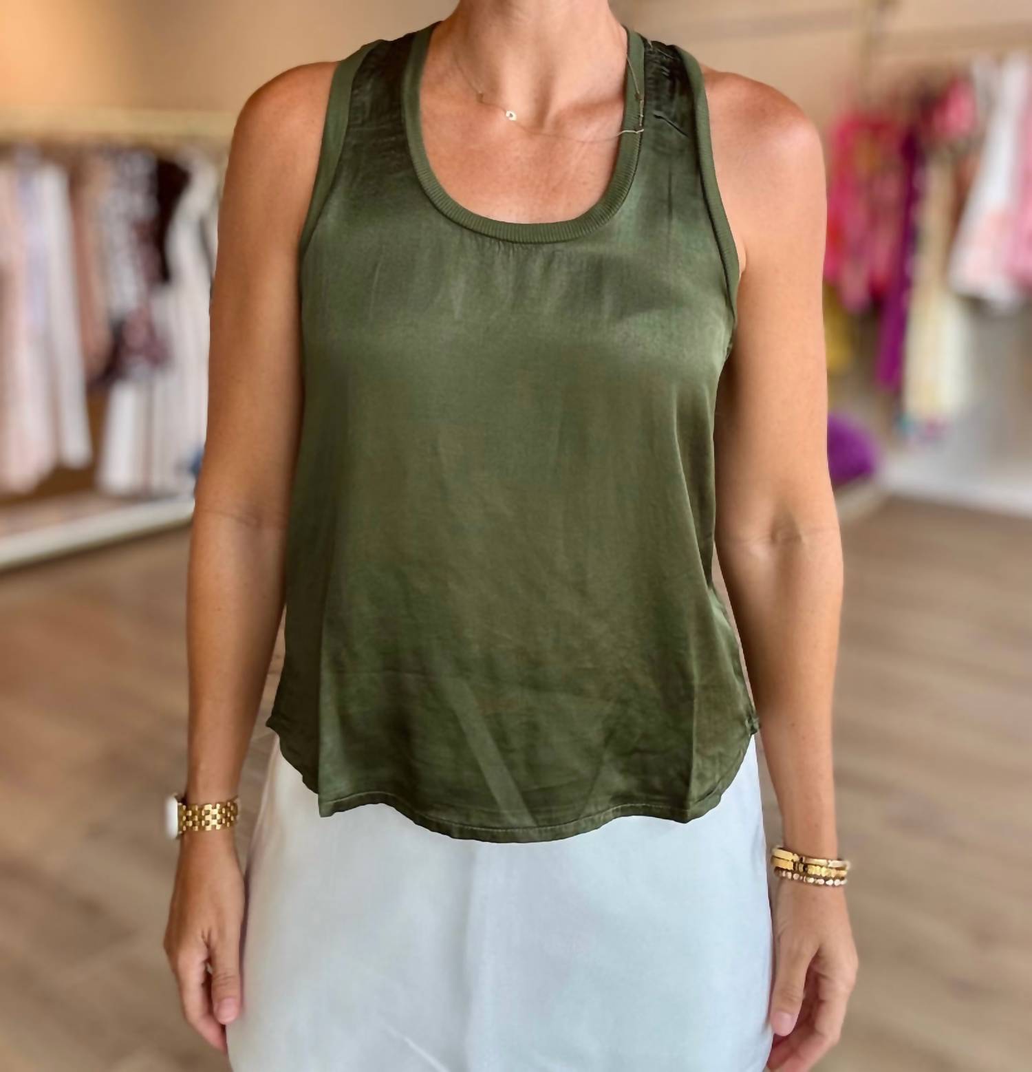 bobi Racerback Silk Tank Top in hunter green - women's tank top
