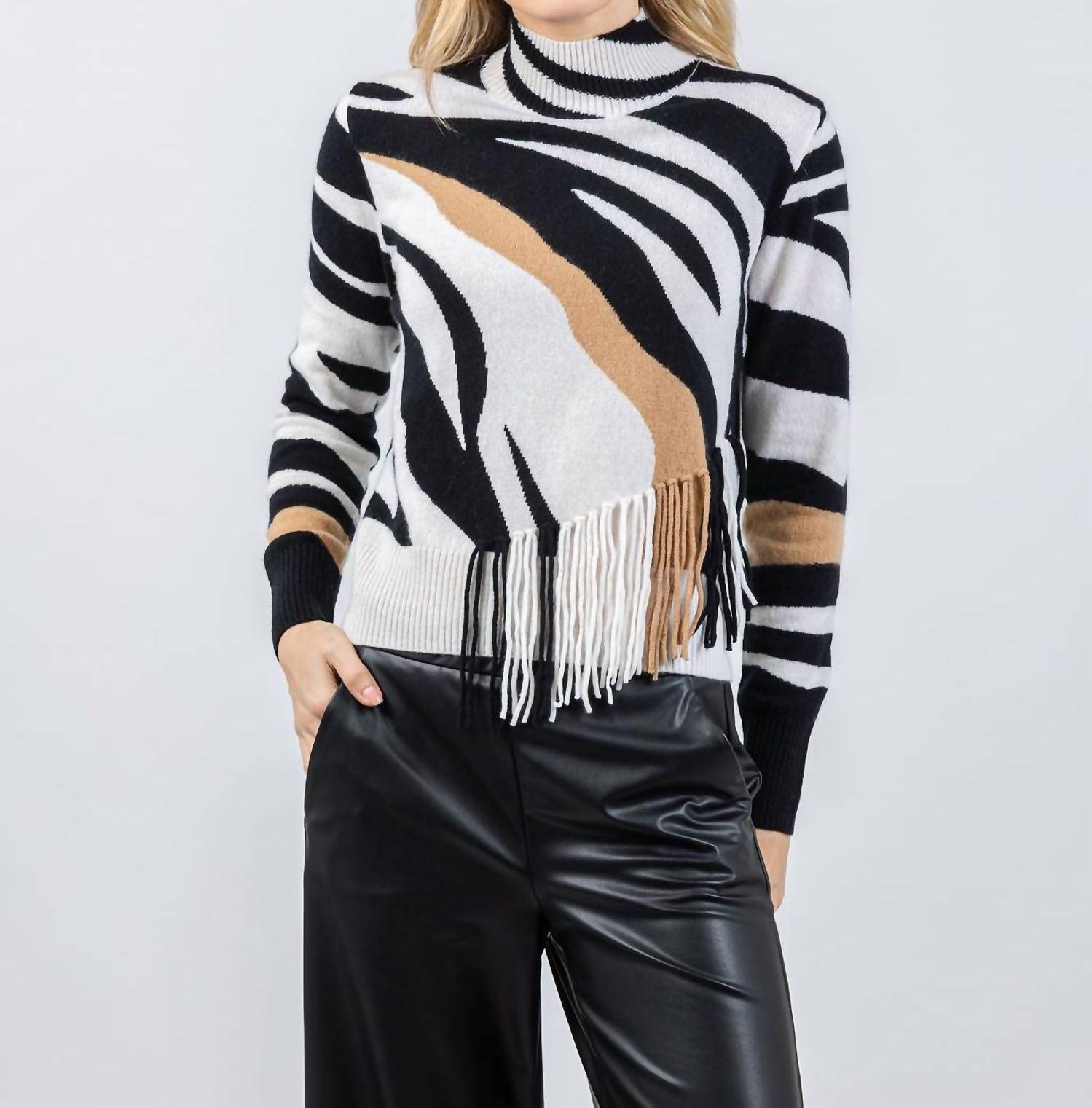 Brodie Cashmere - Zebra Fringe Cashmere Mock Neck Sweater