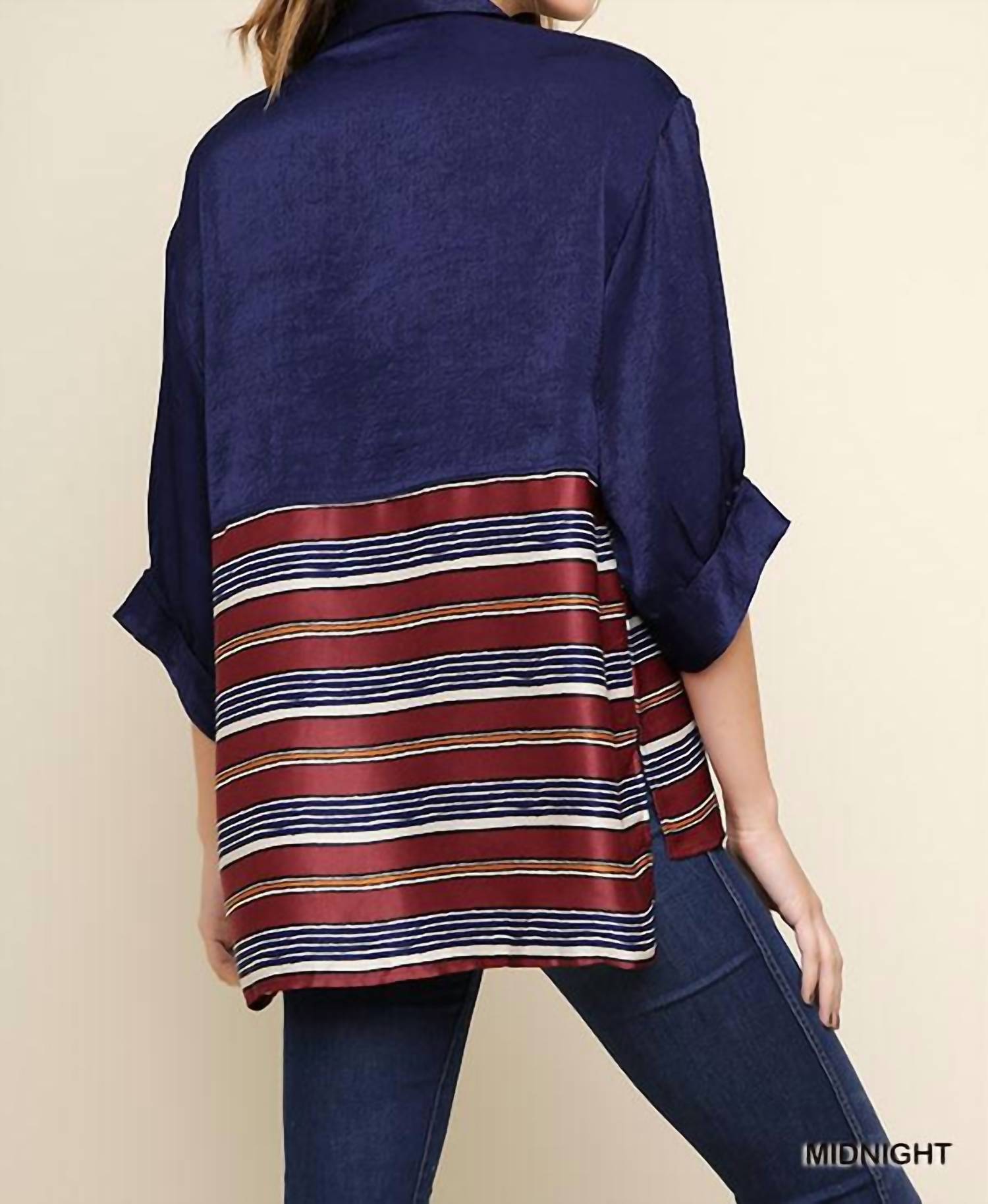 Umgee - Satin Stripe Colorblock Button-down Blouse
