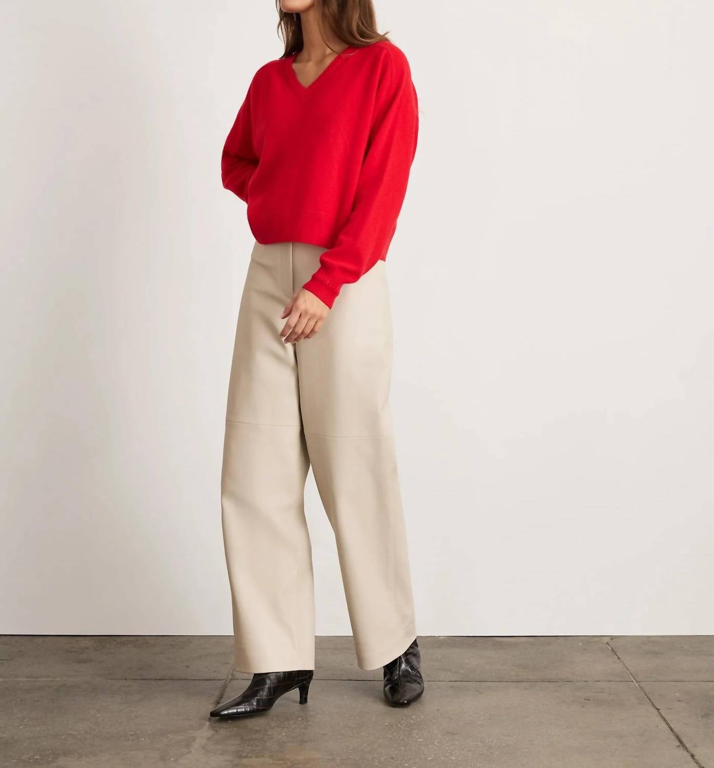 TANYA TAYLOR Audrey Cashmere V-neck Sweater Top in scarlet - women's sweater - detail view
