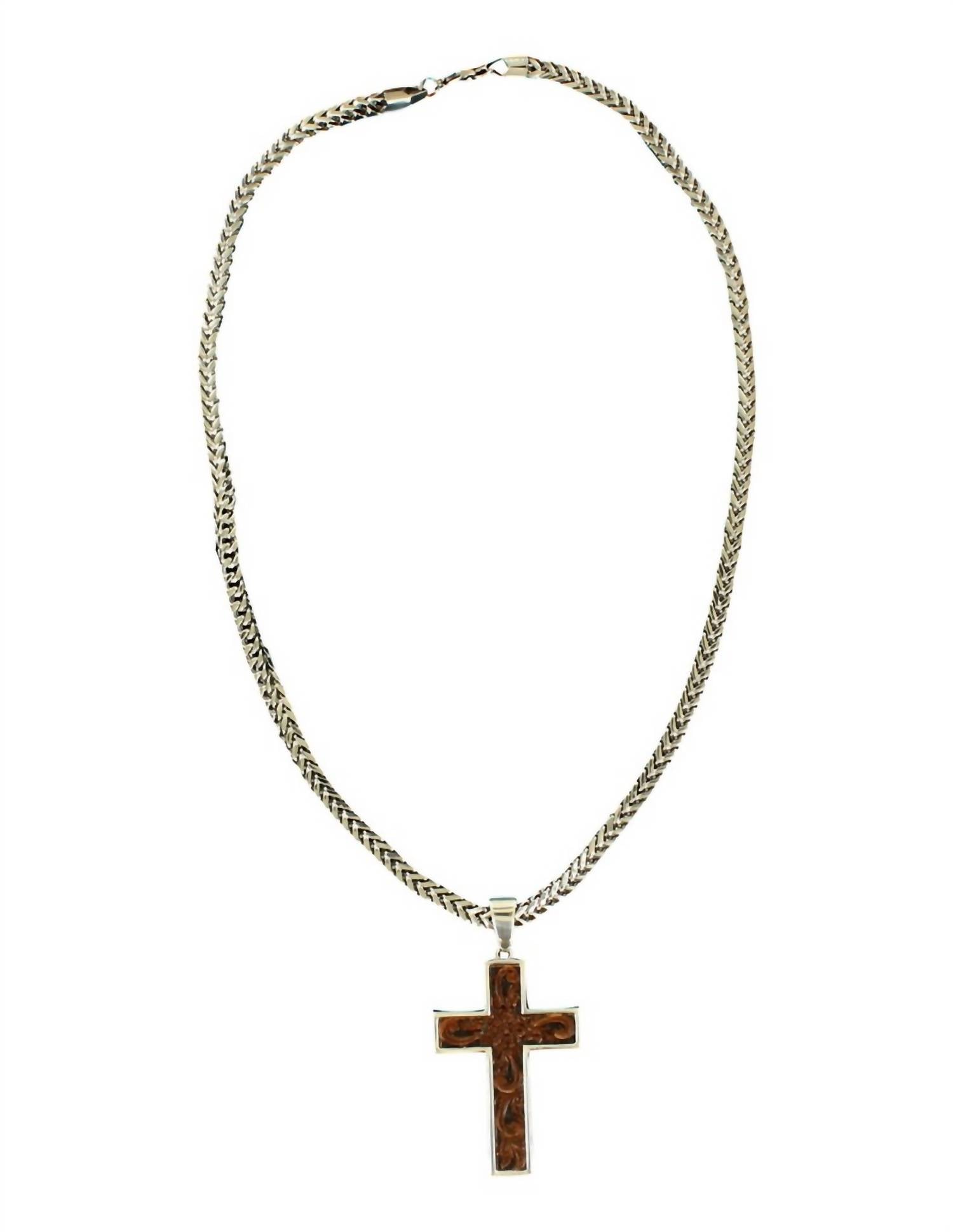 Twister Men's Tooled Cross Necklace in silver brown - men's jewelry - detail view