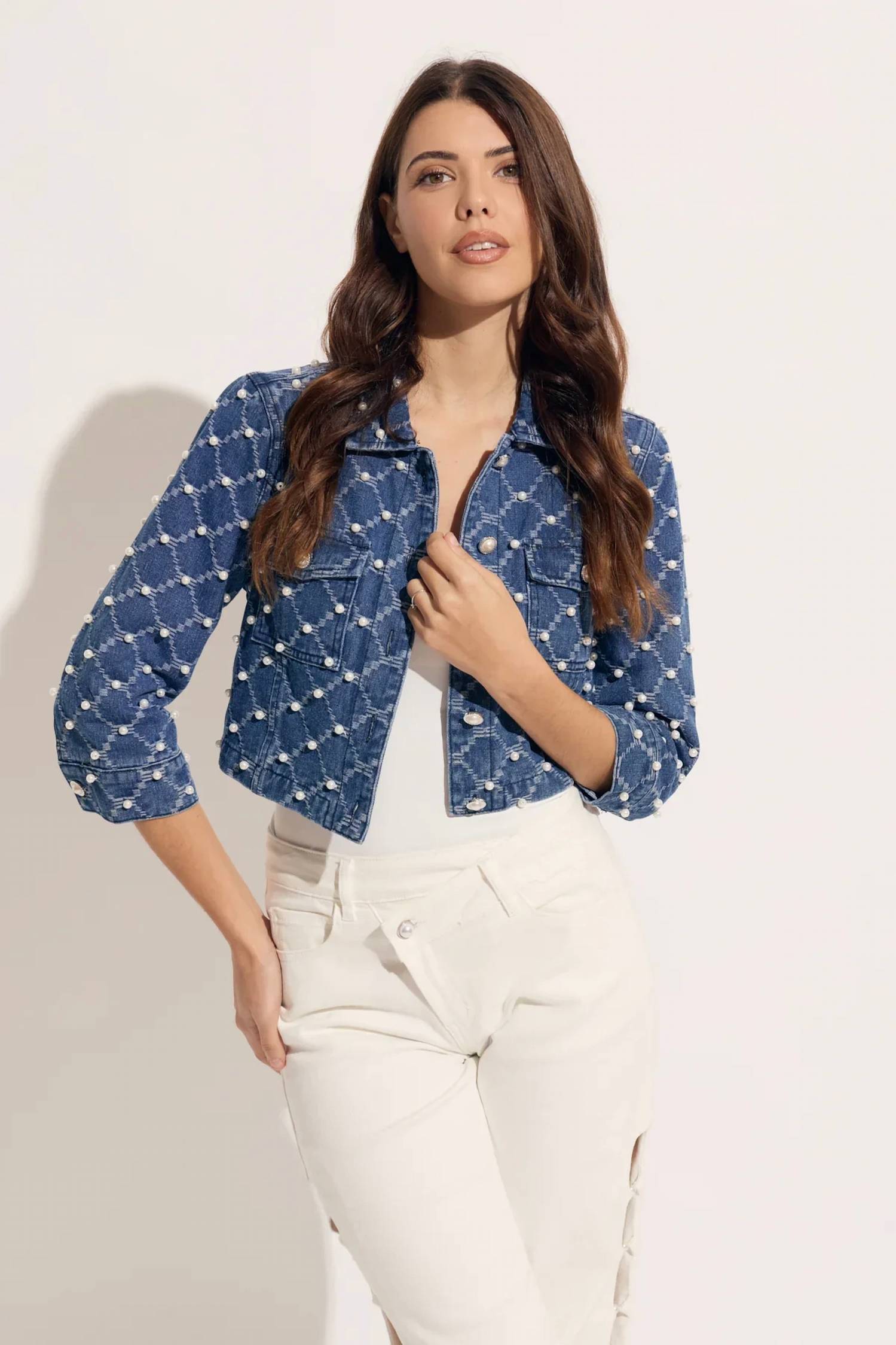 Oolala - Diagonal Denim With Pearl Combo Trim Short Jacket