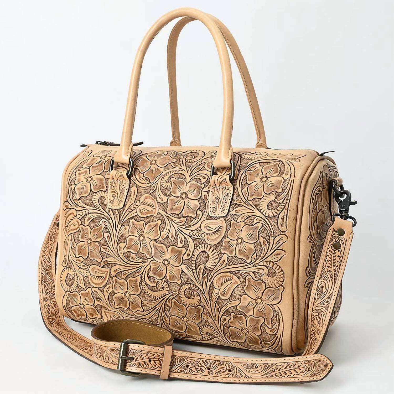 American Darling - Women's Hand-tooled Leather Duffel Bag With Floral Carving