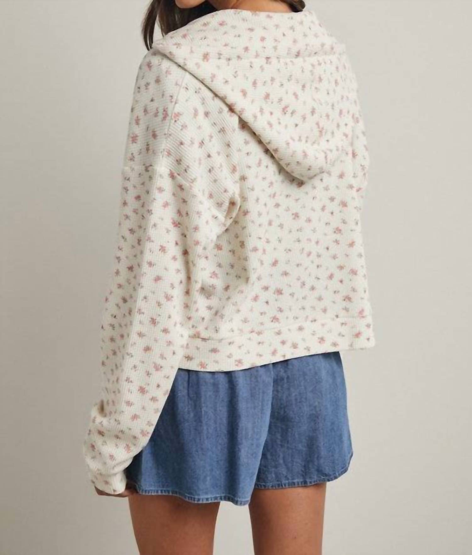 WISHLIST Floral Waffle Knit Hooded Jacket in cream rose - women's jacket - detail view