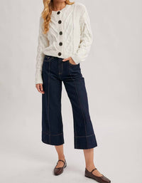 Bluivy - Cropped Button Front Cable Knit Cardigan