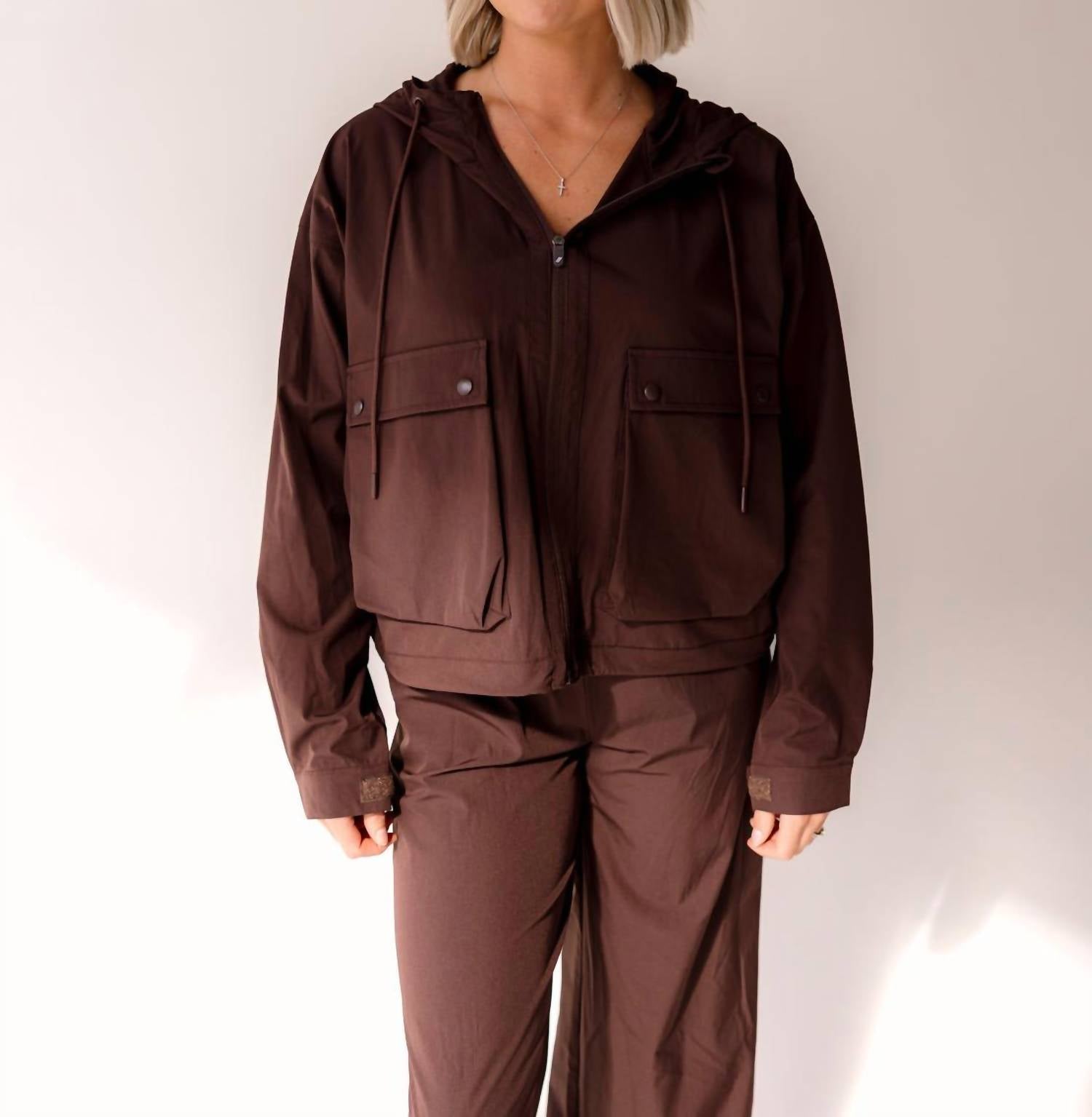 Thread & Supply Walker Hooded Jacket in coffee bean - women's jacket - detail view