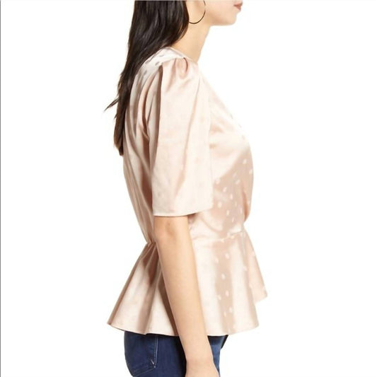 Chelsea28 - Polka Dots Surplice V-Neck Short Puff Sleeve Satin Top