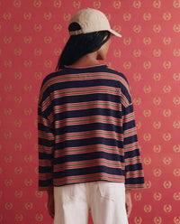THE GREAT. The Field Tee in scout stripe - women's long sleeve top - alternate view