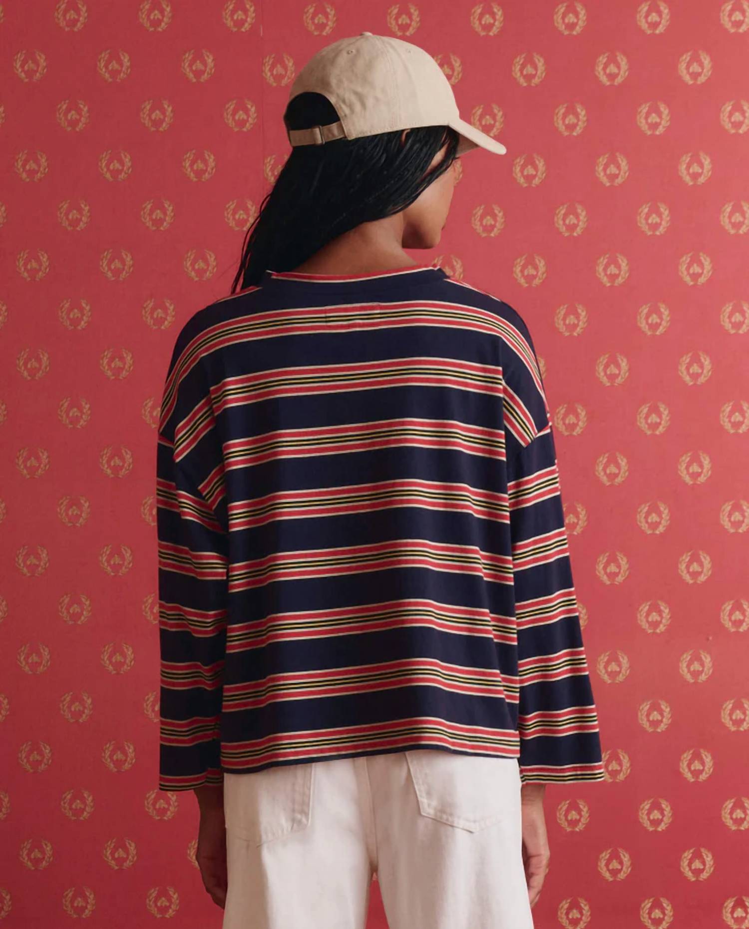 THE GREAT. The Field Tee in scout stripe - women's long sleeve top - alternate view