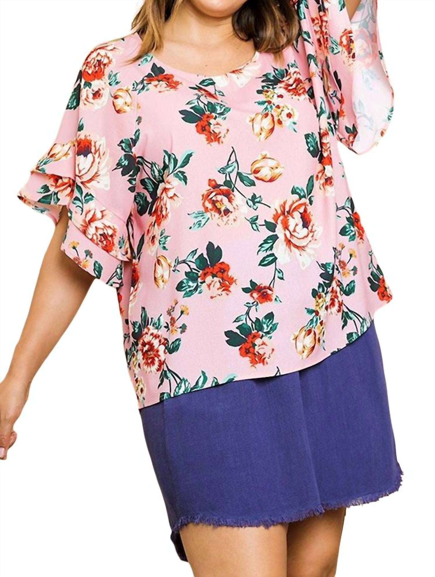 Umgee - Floral Ruffle Sleeve Blouse - Plus