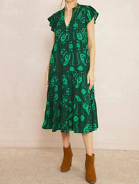 entro Floral & Leaf Ruffle Midi Dress in green - women's dress