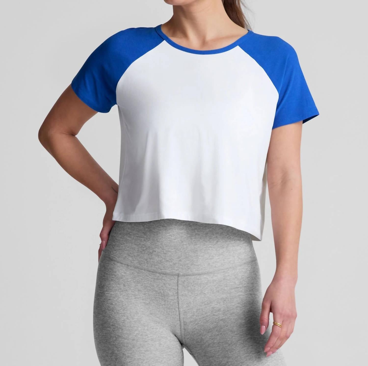 BEYOND YOGA Featherweight Colorblock Tee in cloud white court blue - women's t-shirt