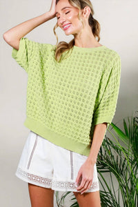 Vine & Love - Crew Neck Crochet Textured Knitted Sweater Top